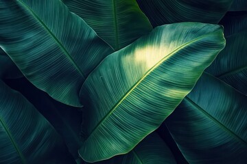 Obraz premium Close-up of large tropical green leaves with intricate vein patterns and soft natural light creating a serene and lush atmosphere