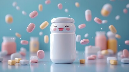 happy smiling white medicine bottle surrounded by floating colorful pills on a blue background with scattered tablets and bottles