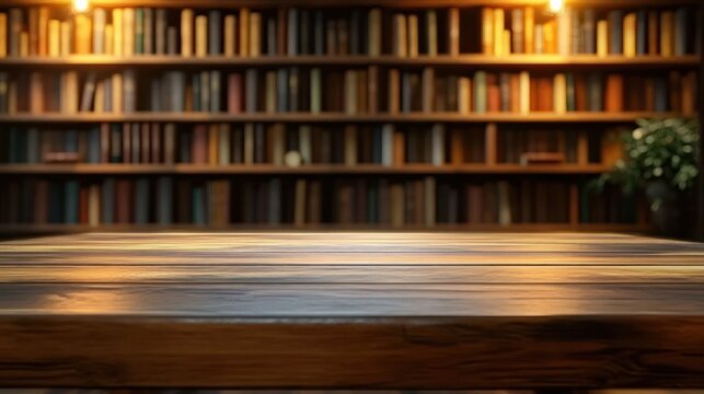 Empty polished wooden table in front of blurred bookshelf filled with books and a potted plant under warm lighting