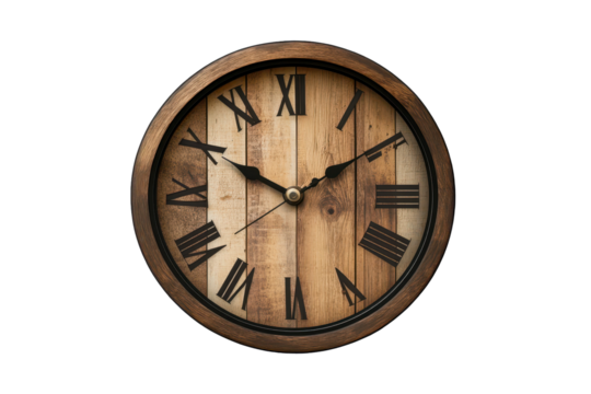 Wall clock with Roman numerals on wooden background features unique design perfect for home decor or office settings showcasing timeless elegance