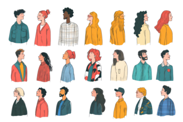 Diverse group of hand-drawn line art characters in a colorful crowd illustration representing different personalities and styles