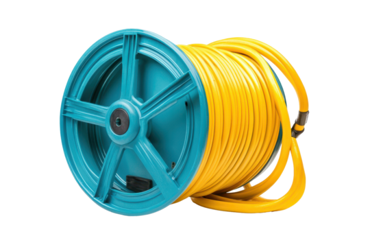 Cyan blue garden hose reel with yellow gigapixel standard for efficient outdoor watering and gardening tasks displayed prominently