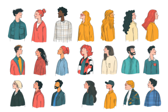 Diverse group of hand-drawn line art characters in a colorful crowd illustration representing different personalities and styles
