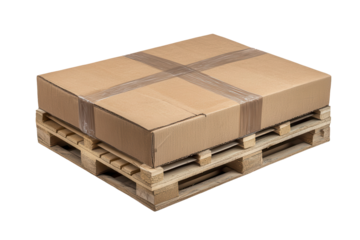 Cardboard boxes stacked on wooden palette, showcasing packaging and shipping materials in a controlled environment