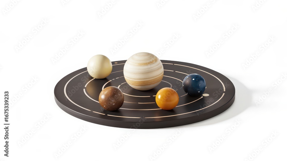 Poster solar system simulation 3d model of planets arranged in a solar system layout on a flat surface.