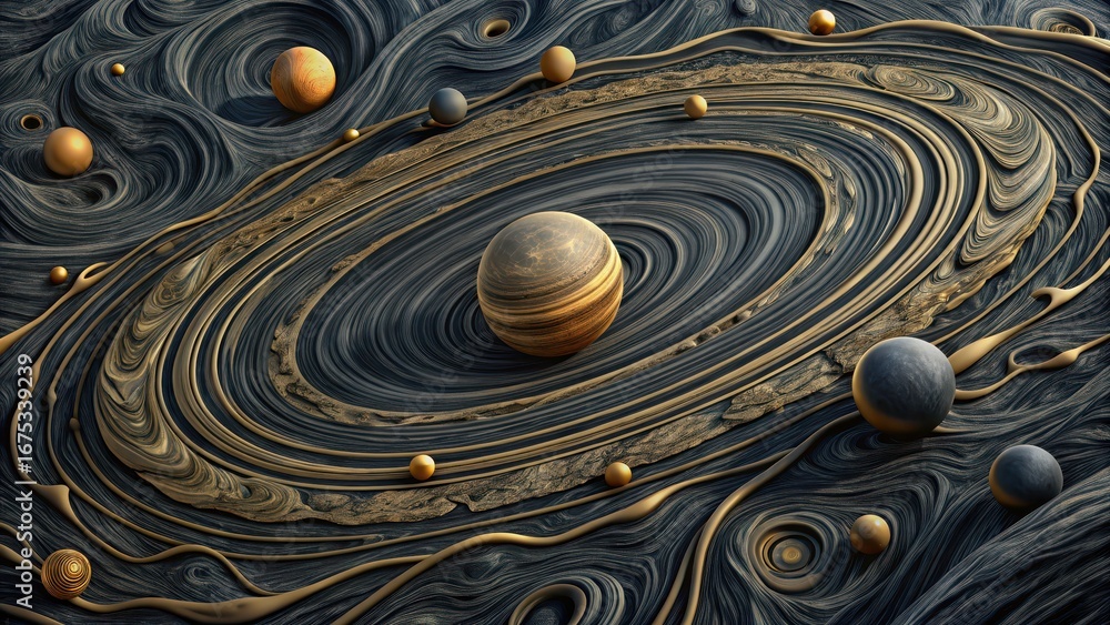 Poster solar system simulation cosmic swirls depicting planets and orbits in a textured, abstract design.