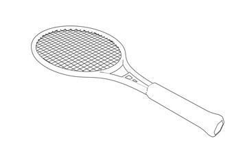 Monochrome Wireframe Tennis Racket: Detailed Technical Drawing, Simple Line Art Outline Illustration for Sports Equipment Design and Blueprint Schematics - Modern, Clean Vector Graphic.