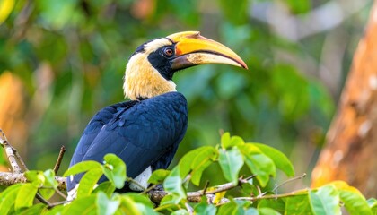 Obraz premium Hornbill perched on a leafy branch in lush green foliage, displaying its large yellow bill and pale head.