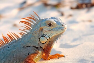 close-up of a colorful iguana with orange spines and scales sitting on sandy ground with soft natural light