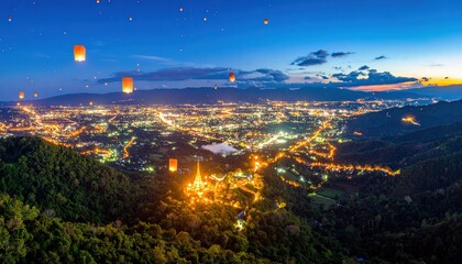 Fototapeta premium Night panorama of a lit city valley with a glowing temple and dozens of floating sky lanterns rising over forested hills at twilight.