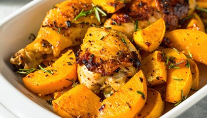 Roasted chicken drumsticks with golden squash wedges, garlic and rosemary in a white baking dish.