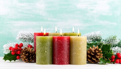 Three lit pillar candles (green, red, beige) arranged with pinecones, holly berries and fir branches as a festive Christmas centerpiece.