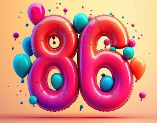 Obraz premium Large shiny red and pink balloon numbers eight and six surrounded by smaller colorful balloons on a warm gradient background expressing celebration and joy