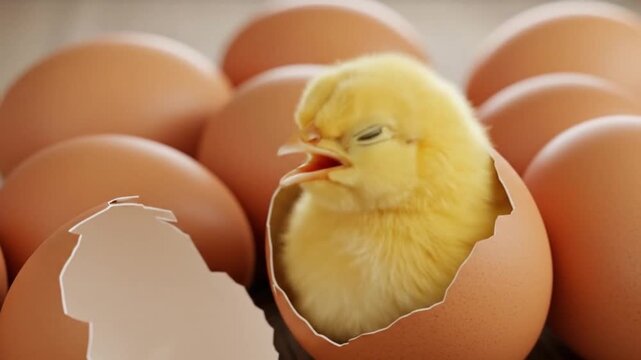 Close-up video of a cute yellow chick just hatched from an egg shell. AI video