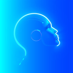 AI. AGI. Artificial intelligence in human face or head concept. Glowing neon silhouette of the head of a wise Artificial Intelligence or AGI on a blue background. A kind and intelligent face of AGI.