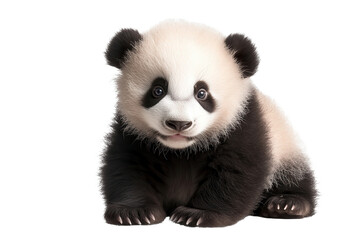 Cute baby panda cub in a playful pose, showcasing its fuzzy fur while sitting on a transparent background, highlighting its adorable features and innocence