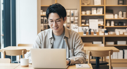 Fototapeta premium カフェでパソコン作業をする男性