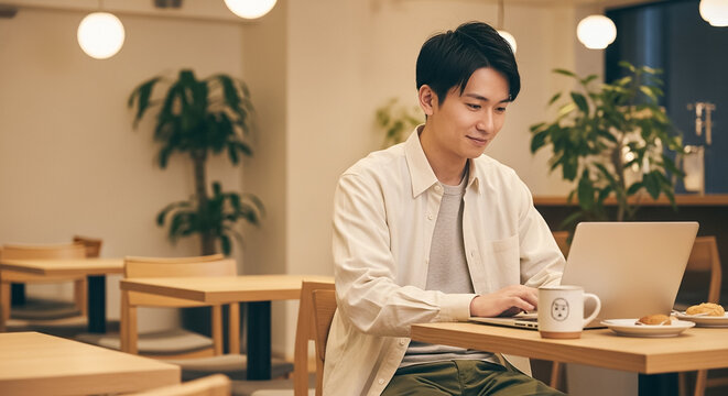 カフェでパソコン作業 リモートワークをする男性
