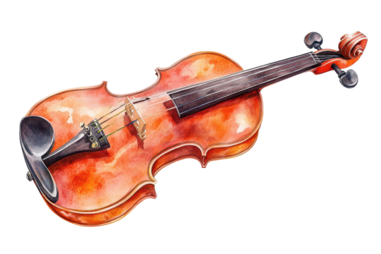 Watercolor representation of a violin with strings isolated showcasing intricate design and craftsmanship
