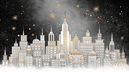 Fototapeta premium space colony concept City skyline illustration with stars, featuring various architectural styles and a night sky backdrop.