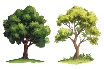 Obraz premium Beautiful tree set graphic design on white background featuring lush green foliage and detailed bark, ideal for educational materials or decorative purposes
