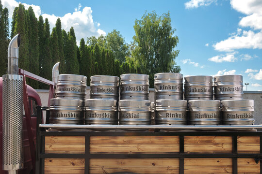 birzai, Lituania, Julyr, 14, 2025: Metal beer barrels or kegs at rinkuskiai brewery yard