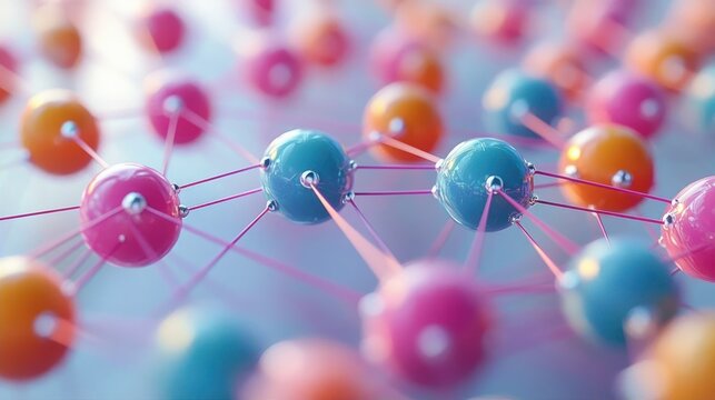 Colorful interconnected spheres linked by fine rods representing a molecular or atomic structure with a soft bokeh background