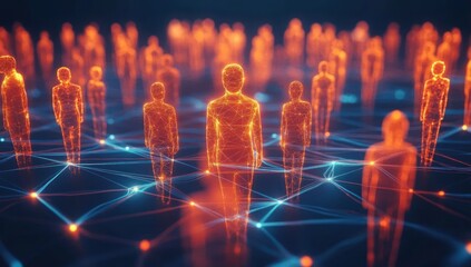glowing orange digital wireframe human figures interconnected by blue network lines on dark background representing virtual communication and digital connection
