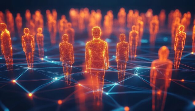 glowing orange digital wireframe human figures interconnected by blue network lines on dark background representing virtual communication and digital connection