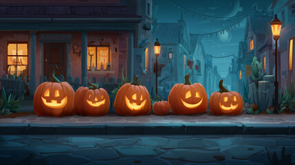 A row of pumpkins glowing along a spooky street , scared Halloween, vector style