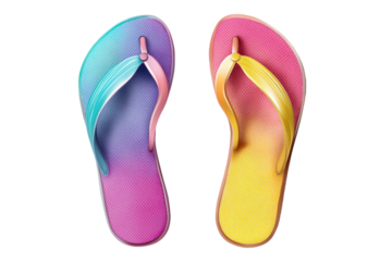 Colorful flip flops showcasing vibrant rainbow shades, perfect for summer adventures on the beach or by the poolside for casual outings and relaxation