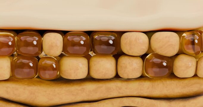 3D medical animation close-up structure of weight gain at the cellular tissue level.   A transverse section of subcutaneous fat, the cells increase in size, the tissues become denser, larger in struct