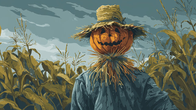 A scarecrow with a pumpkin head in a cornfield ,happy pumpkin, vector style