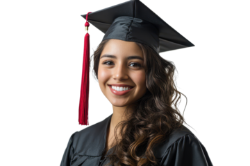 Celebrating achievements of young Hispanic female in graduation cap and gown, showcasing pride and joy on a special day of accomplishment and transition