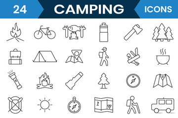 Camping icon set. Camping and Outdoor editable stroke outline icons vector set. Hiking, travel, nature, forest, campfire and more icon. Vector illustration.