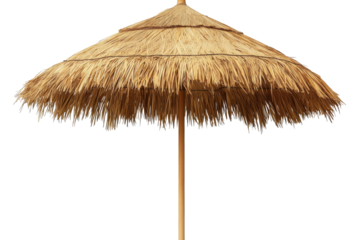 Straw beach umbrella stands tall against a transparent background, ideal for wellness and relaxation in sunny coastal environments