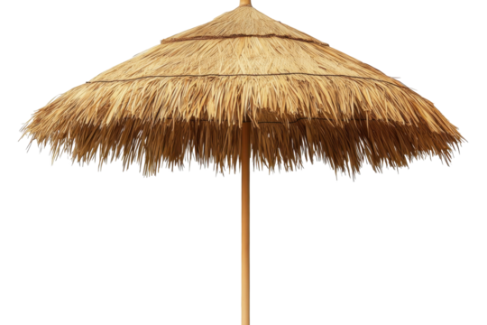 Straw beach umbrella stands tall against a transparent background, ideal for wellness and relaxation in sunny coastal environments