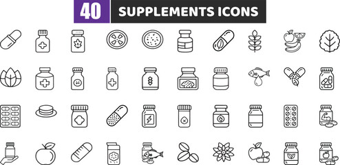 Health Supplement Line Icons | Vitamin, Pill, and Nutrition Vector Symbols