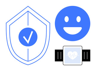 Blue shield with checkmark, smiling face, and smartwatch display with heartbeat. Ideal for health, fitness, wellness, safety, technology, positivity simple landing page