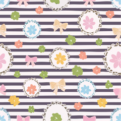 Preppy seamless pattern on a striped background with hand drawn flowers in vintage frames and bow.
