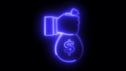 Glowing neon hand icon symbol of dollar bag ,money, invest finance Dollar or USD symbol. Cash Banking salary money, invest finance, black background. icon animation hand dower.