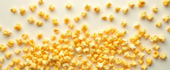 Buttery yellow popcorn scattered on white background, ideal for movie night imagery,  crunchy,  background