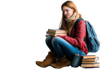 Young adult reading books while sitting on the floor with a backpack nearby in a cozy indoor space