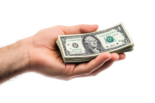 Hand holding a stack of dollar bills in an isolated setting against a plain background highlighting the value of cash and currency transactions