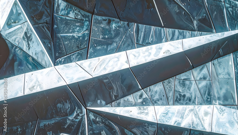 Poster close up view of abstract metallic architecture showcasing sharp angles and reflective surfaces