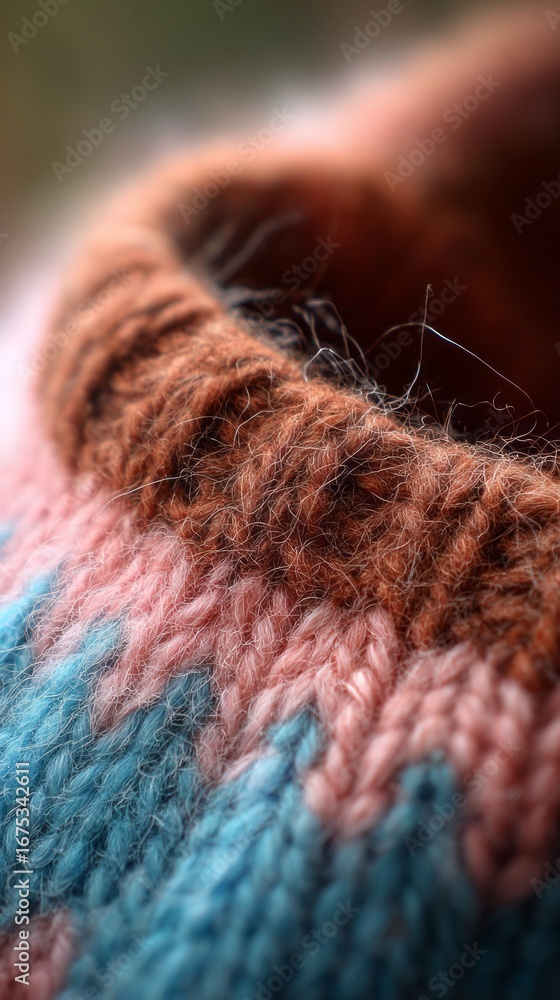 Poster close-up view of soft knitwear showcasing intricate texture and color combinations in a cozy setting
