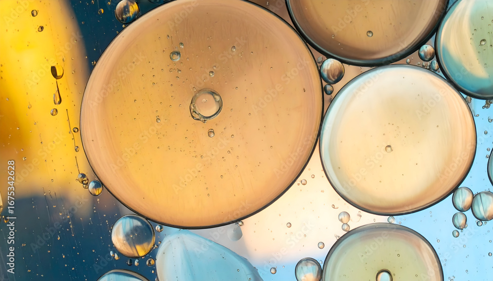 Poster colorful abstract oil droplets floating on surface creating mesmerizing visual spectacle