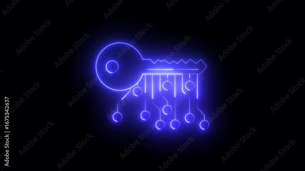 Poster glowing neon line cryptocurrency key icon isolated on black background. concept of cyber security or