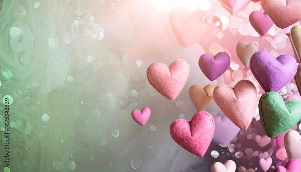 Poster colorful hearts floating against a soft dreamy background with gentle bokeh and light reflections