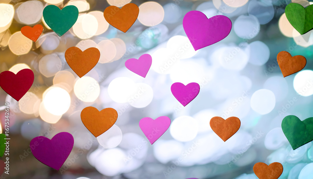 Poster colorful hearts floating in soft bokeh background creating a cheerful and festive atmosphere
